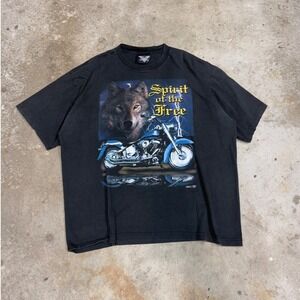 Vintage American‎ Biker Wolf Motorcycle T Shirt 3XL Black Spirit of the Free